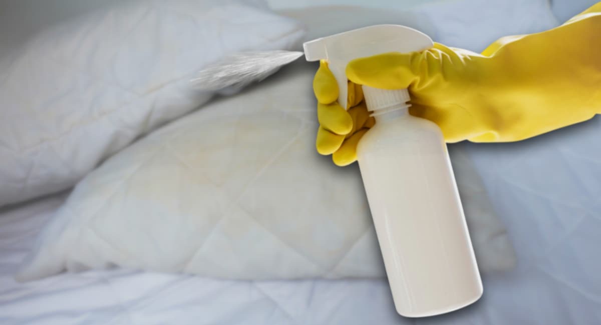 Просто распыляем и ждем 20 минут — желтые пятна с подушки сами сползают: без стирки и химчистки
