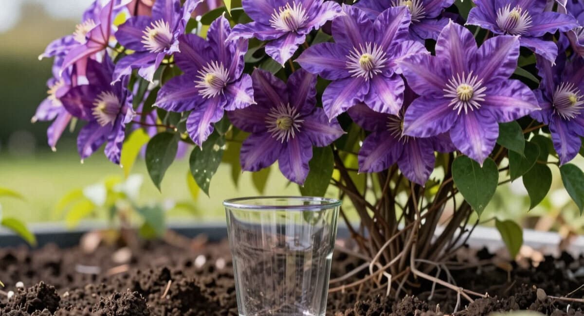 1 стакан в лунку при посадке клематиса — и лиана цветет шапками: никаких увяданий, зимует без проблем