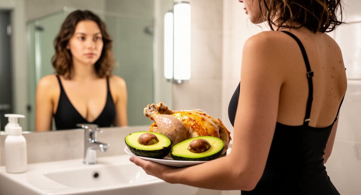 Беру курицу и авокадо и забываю про некрасивое отражение в зеркале: купальник сидит почти идеально