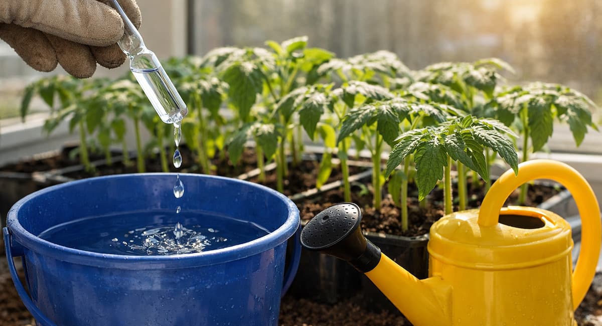 Развожу 1 ампулу в ведре воды и поливаю раз в 10 дней — и рассада не вытягивается даже в жару