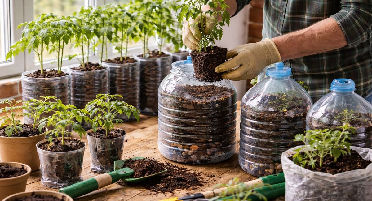 В апреле переваливаю томаты в 5-литровые бутылки: научил сосед — корневая мощнее, урожай раньше