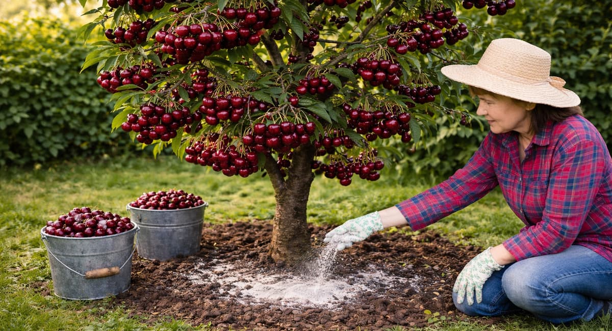 В апреле подсыпаю под вишню 3 горсти — и ягода наливается бордовым соком: ветки гнутся до земли, косточка легко отстает