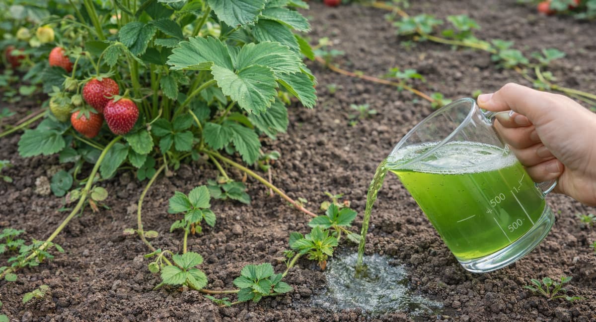 0,5 л под корень — и клубника ломится от усов: ягода слаще мёда, размером с грецкий орех, цветёт до самых заморозков